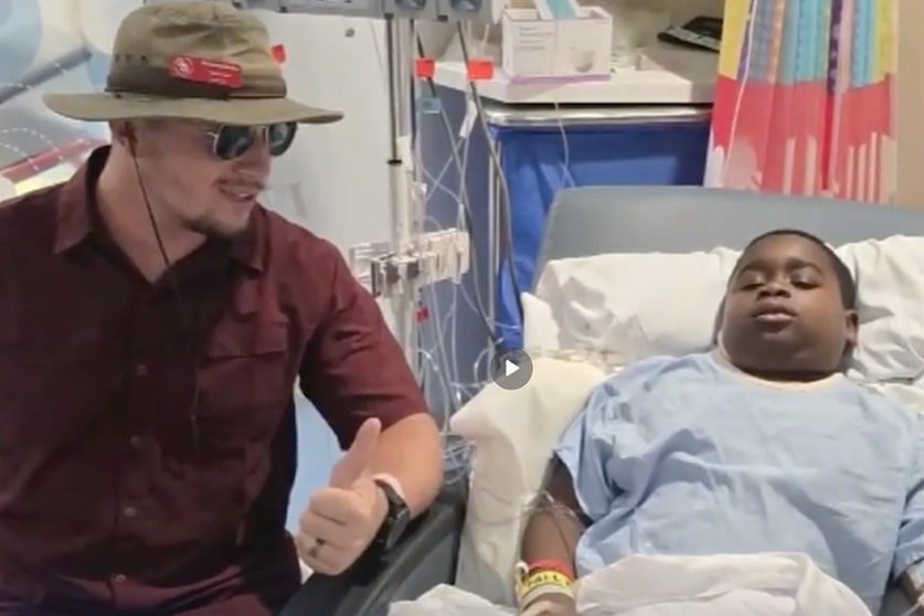 Nick, kidney donor, meeting Aaron, pediatric patient recipient, after surgery