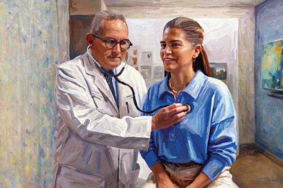 Doctor Ralph Levy examining a cardiac patient by listening to her heart with a stethoscope