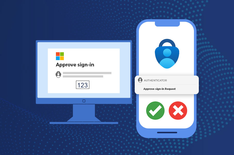Illustration of Microsoft multi-factor authentication: a desktop screen showing an 'Approve sign-in' prompt with a matching number code, next to a smartphone displaying the Microsoft Authenticator app with green checkmark and red X approval buttons.
